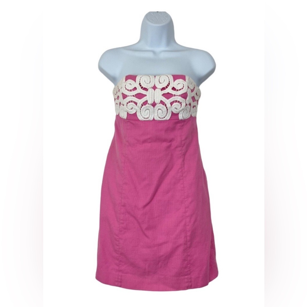 Lily Pulitzer Pink Strapless Dress White Embroidered
